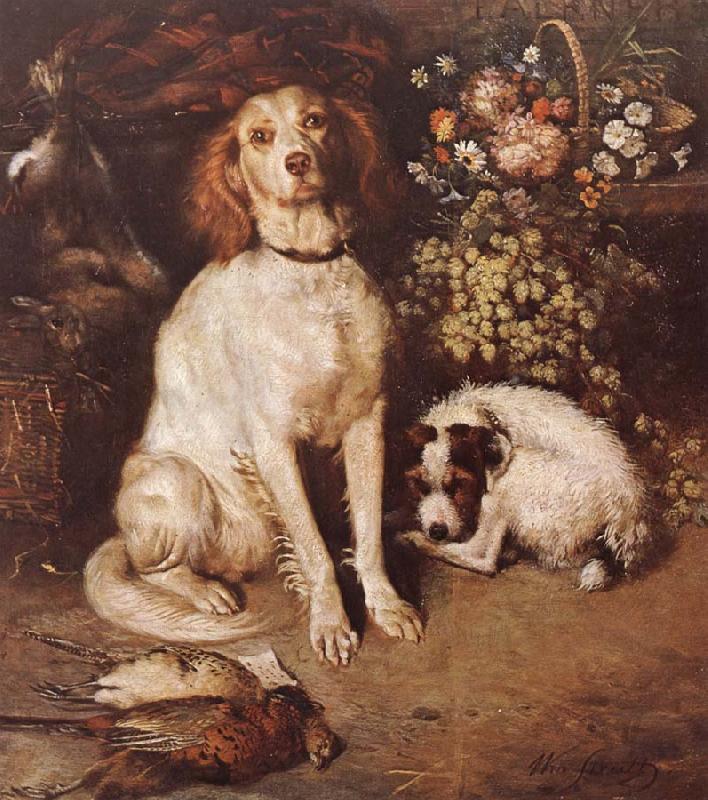 William Strutt Dogs with Flowers and game